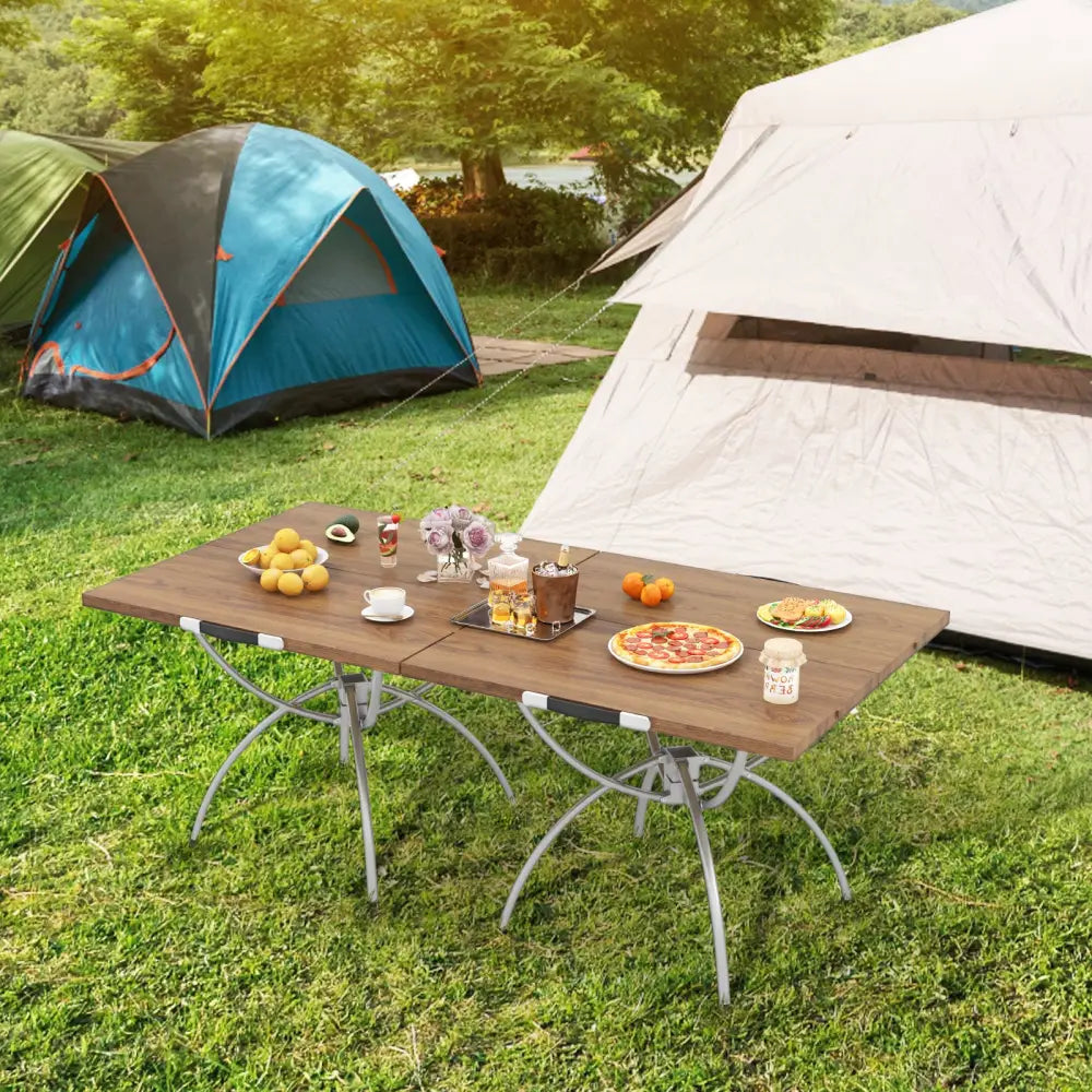 Patented 2 Pack Folding Camping Table with Wood-grain Tabletop for Hiking Party-Natural - Natural - Camping Furniture