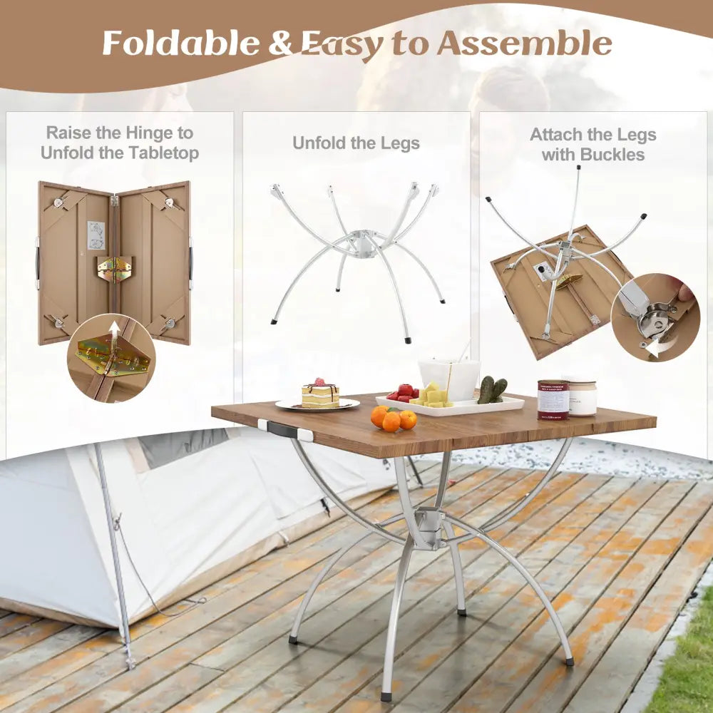 Patented 2 Pack Folding Camping Table with Wood-grain Tabletop for Hiking Party-Natural - Natural - Camping Furniture