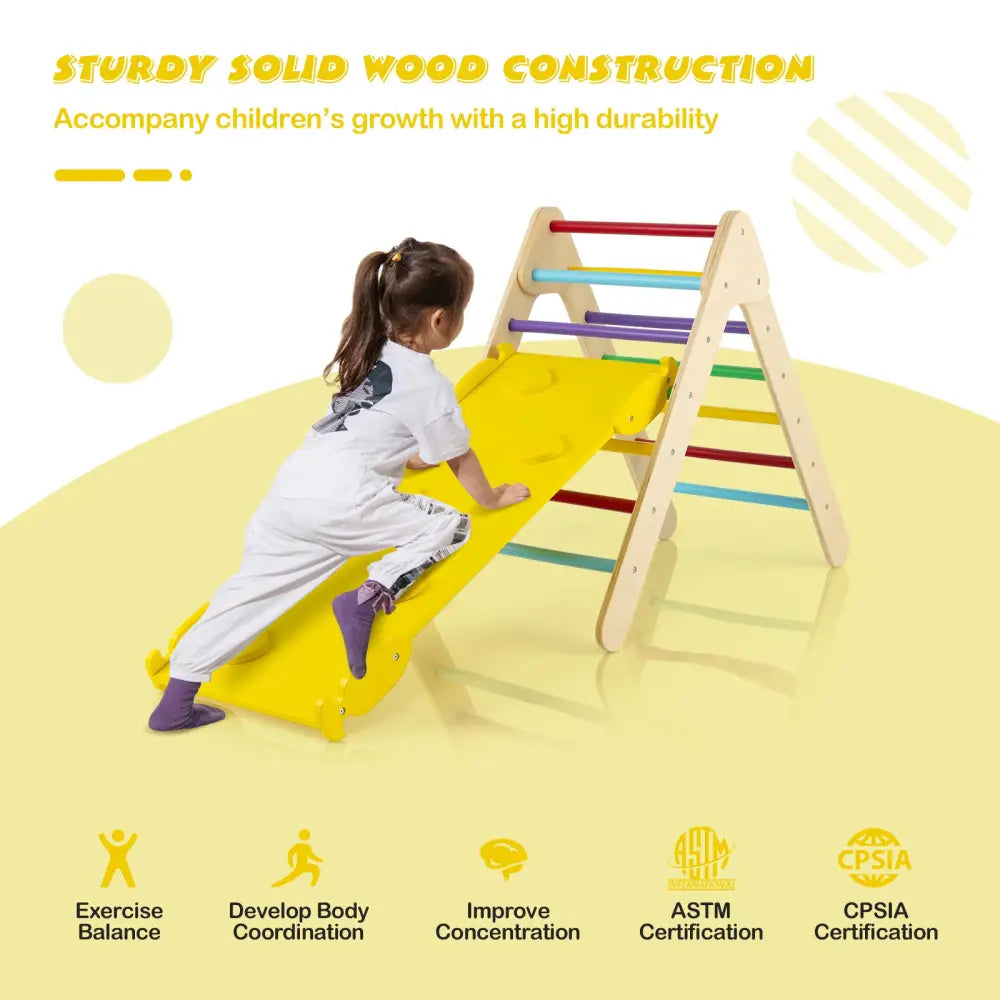 Patented 3-in-1 Wooden Climbing Triangle Set Triangle Climber with Ramp-Multicolor - Multicolor - Climbers & Slides