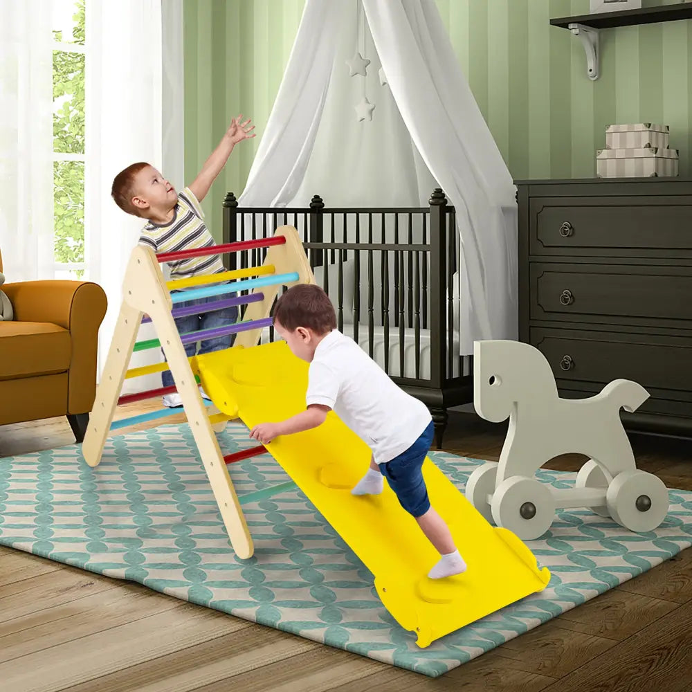 Patented 3-in-1 Wooden Climbing Triangle Set Triangle Climber with Ramp-Multicolor - Multicolor - Climbers & Slides