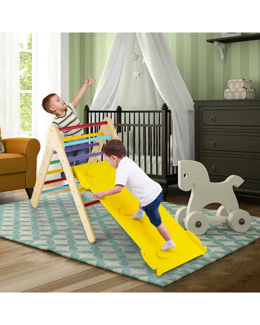 Patented 3-in-1 Wooden Climbing Triangle Set Triangle Climber with Ramp-Multicolor - Multicolor - Climbers & Slides