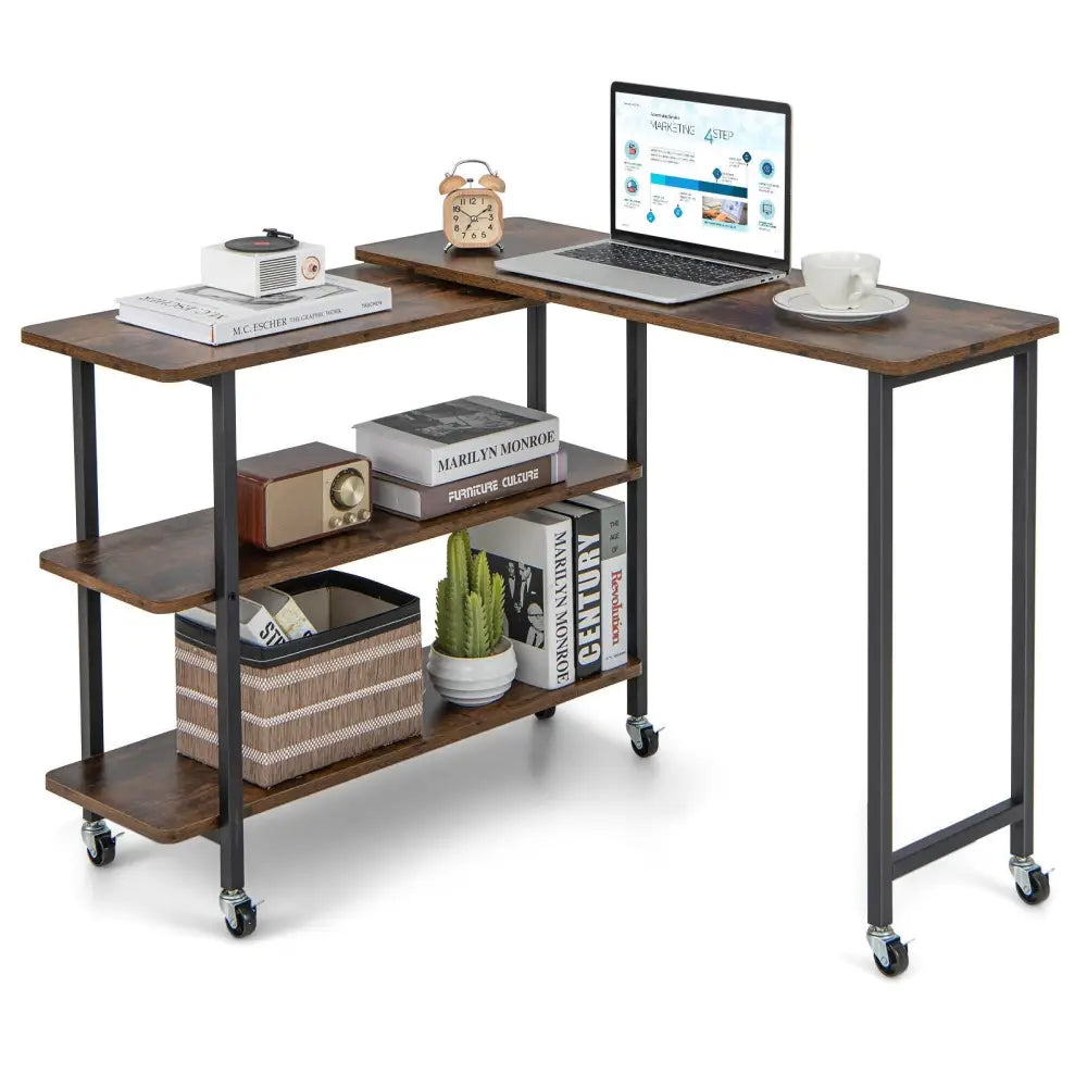 Patented 360° Rotating Sofa Side Table with 2-Tier Storage Shelves-Rustic Brown - Rustic Brown - L-Shaped Desks