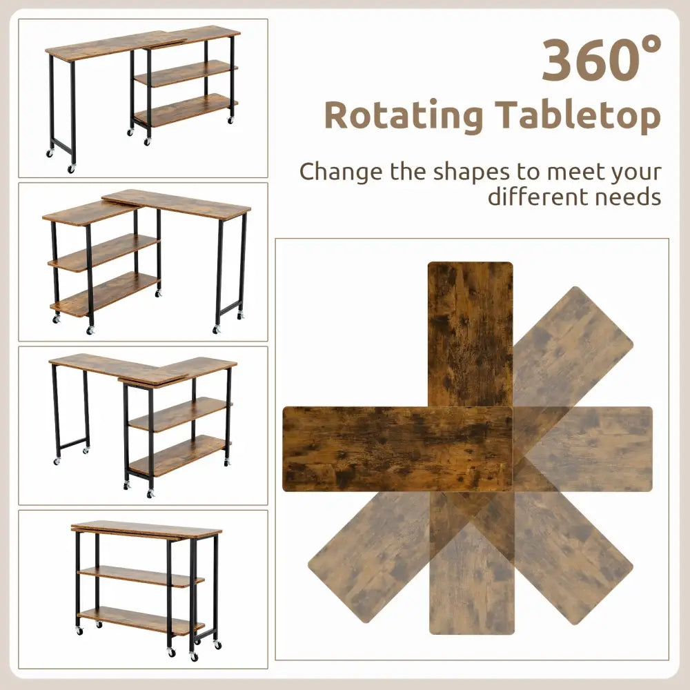 Patented 360° Rotating Sofa Side Table with 2-Tier Storage Shelves-Brown - Brown - L-Shaped Desks