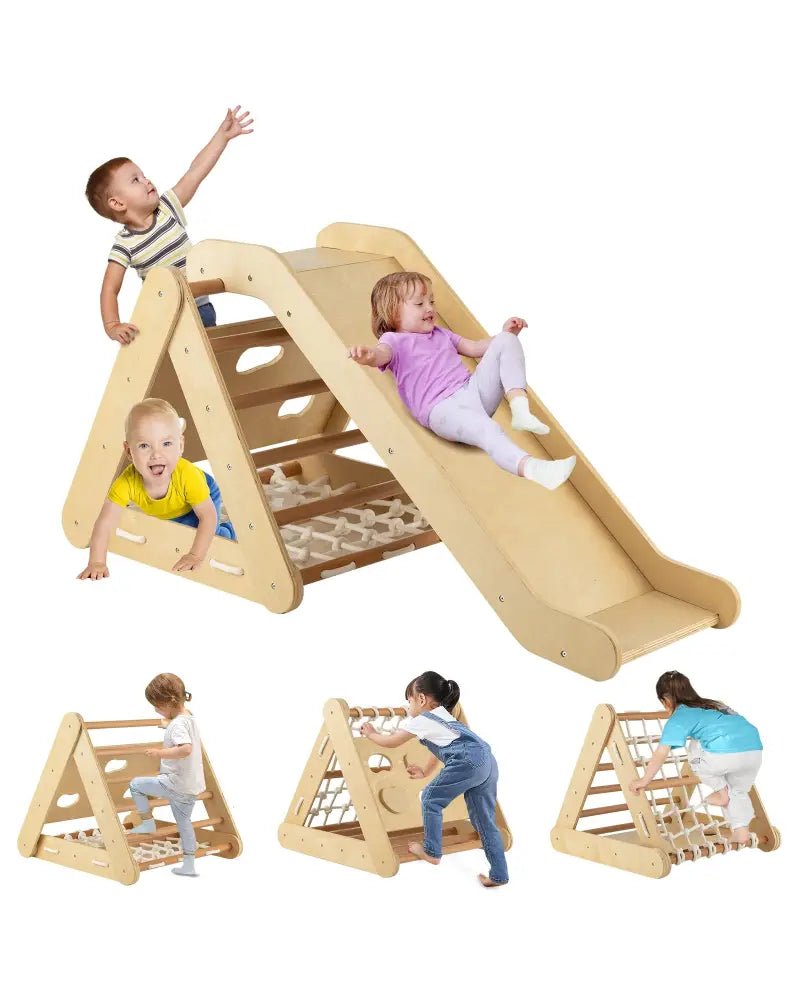 Patented 4 in 1 Triangle Climber Toy with Sliding Board and Climbing Net-Natural - Natural - Climbers & Slides