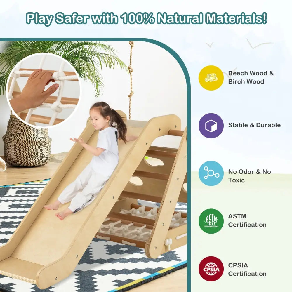 Patented 4 in 1 Triangle Climber Toy with Sliding Board and Climbing Net-Natural - Natural - Climbers & Slides