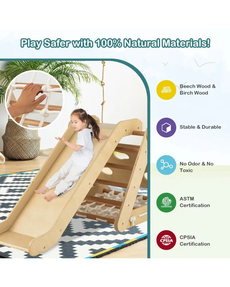 Patented 4 in 1 Triangle Climber Toy with Sliding Board and Climbing Net-Natural - Natural - Climbers & Slides