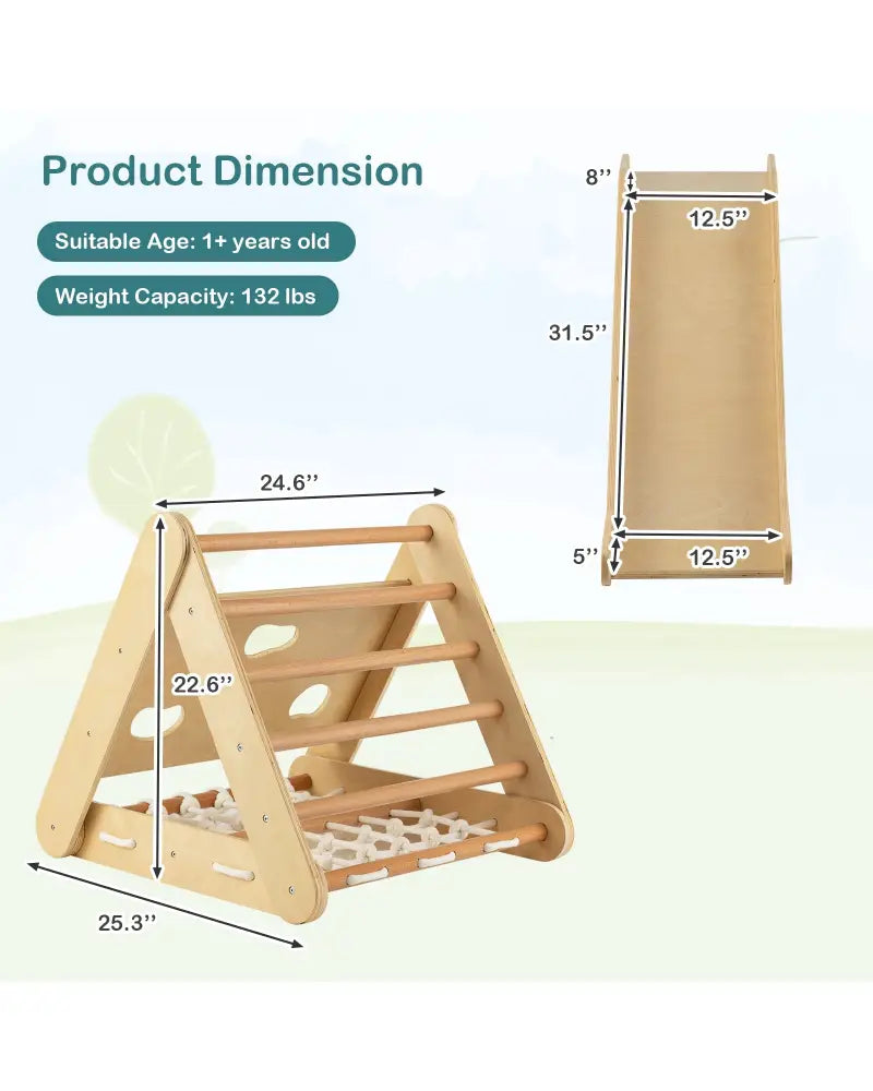 Patented 4 in 1 Triangle Climber Toy with Sliding Board and Climbing Net-Natural - Natural - Climbers & Slides