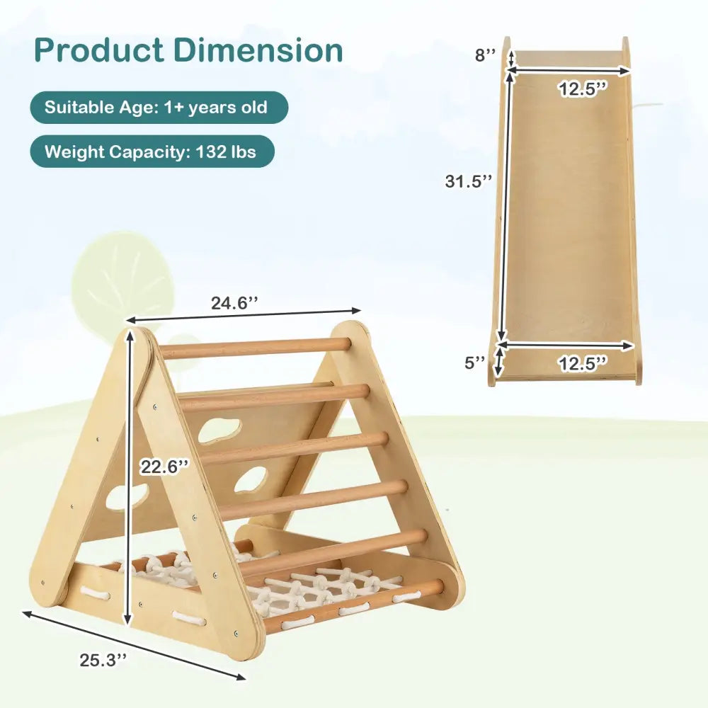 Patented 4 in 1 Triangle Climber Toy with Sliding Board and Climbing Net-Natural - Natural - Climbers & Slides