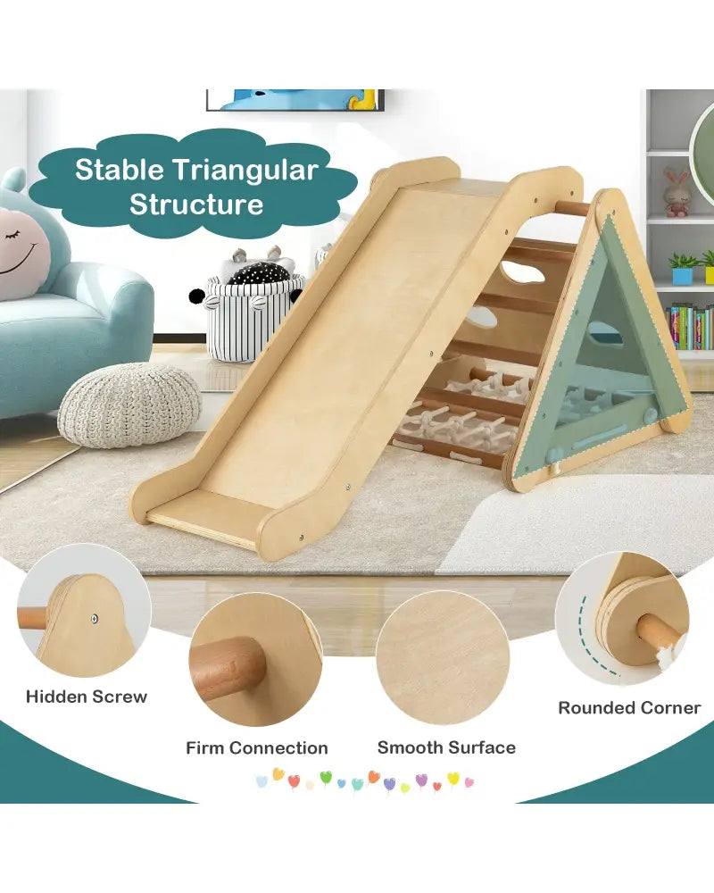 Patented 4 in 1 Triangle Climber Toy with Sliding Board and Climbing Net-Natural - Natural - Climbers & Slides