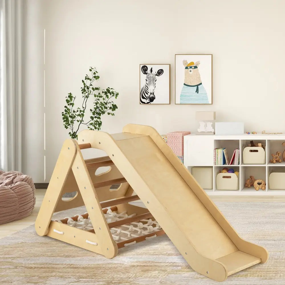 Patented 4 in 1 Triangle Climber Toy with Sliding Board and Climbing Net-Natural - Natural - Climbers & Slides