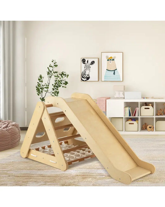 Patented 4 in 1 Triangle Climber Toy with Sliding Board and Climbing Net-Natural - Natural - Climbers & Slides