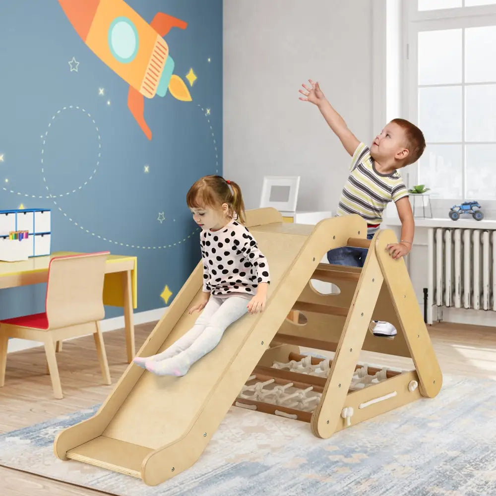 Patented 4 in 1 Triangle Climber Toy with Sliding Board and Climbing Net-Natural - Natural - Climbers & Slides