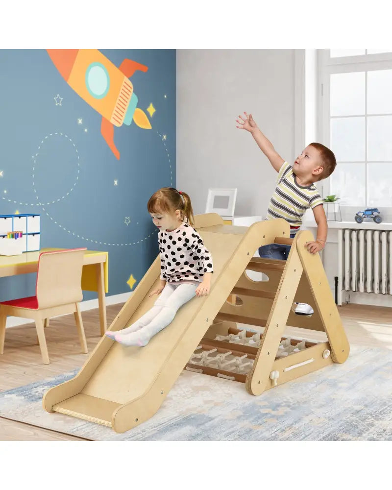 Patented 4 in 1 Triangle Climber Toy with Sliding Board and Climbing Net-Natural - Natural - Climbers & Slides