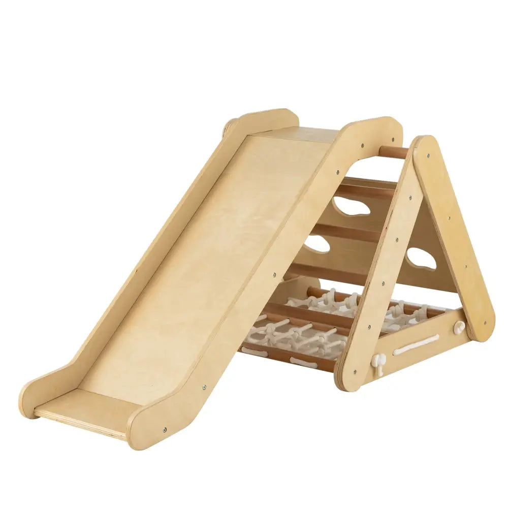 Patented 4 in 1 Triangle Climber Toy with Sliding Board and Climbing Net-Natural - Natural - Climbers & Slides