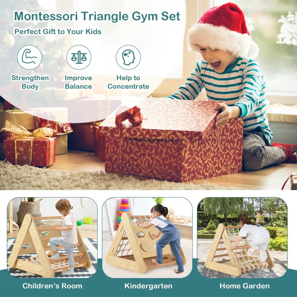 Patented 4 in 1 Triangle Climber Toy with Sliding Board and Climbing Net-Natural - Natural - Climbers & Slides