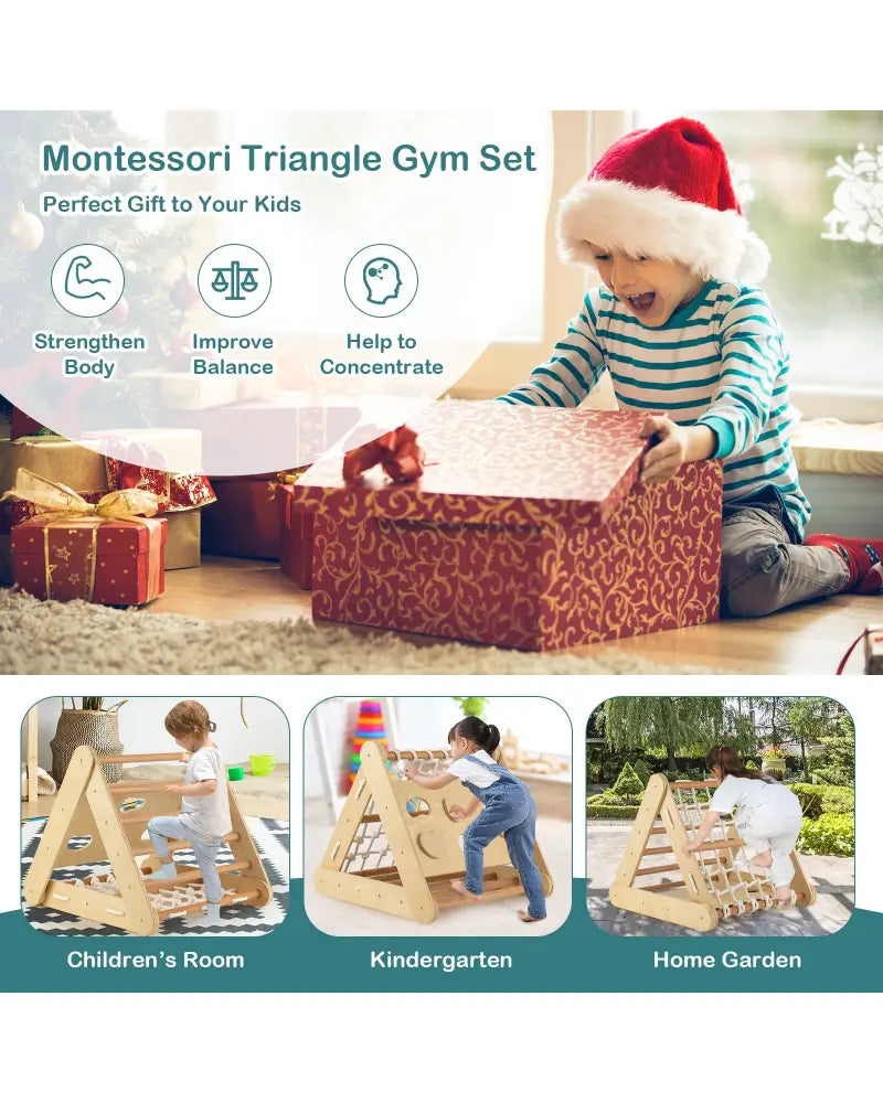 Patented 4 in 1 Triangle Climber Toy with Sliding Board and Climbing Net-Natural - Natural - Climbers & Slides