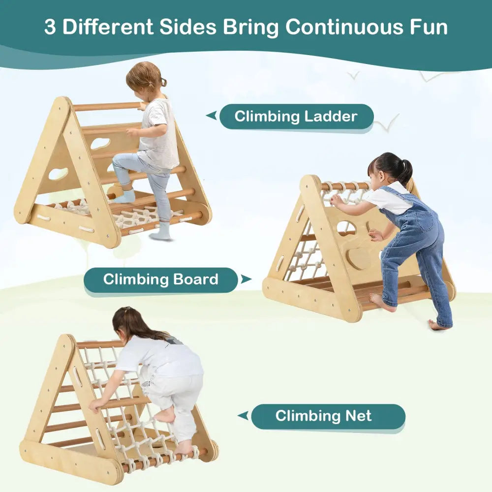 Patented 4 in 1 Triangle Climber Toy with Sliding Board and Climbing Net-Natural - Natural - Climbers & Slides