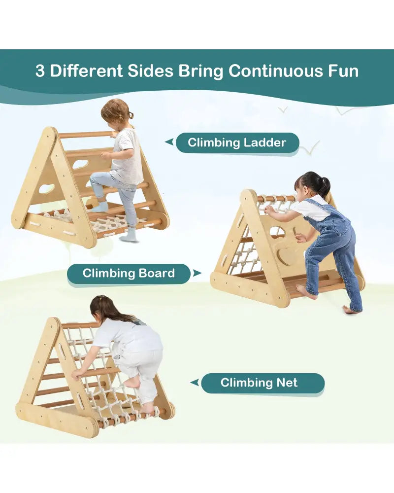 Patented 4 in 1 Triangle Climber Toy with Sliding Board and Climbing Net-Natural - Natural - Climbers & Slides