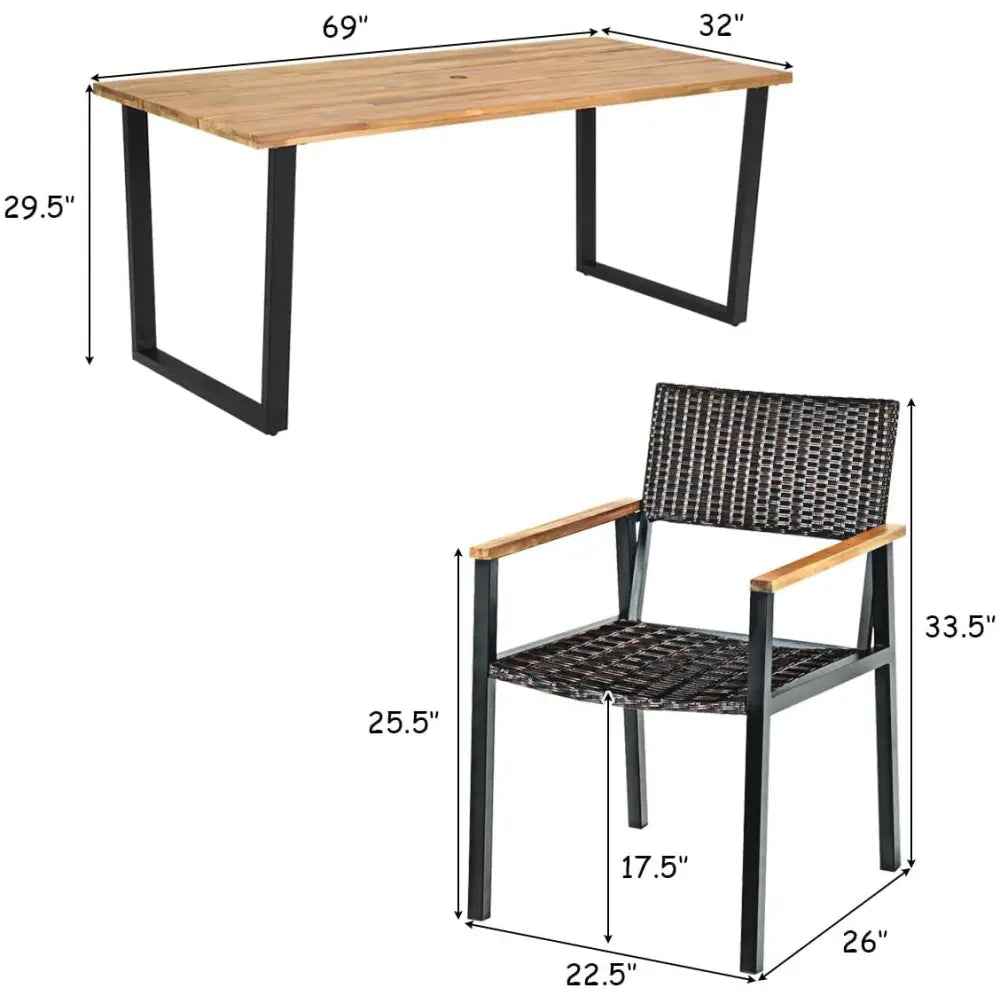 Patented 7 Pieces Outdoor Dining Set with Large Acacia Wood Table Top - Natural - Patio Furniture Sets