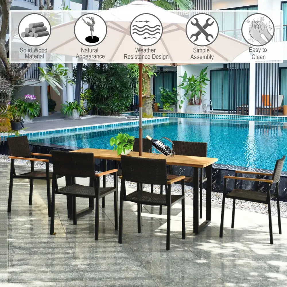 Patented 7 Pieces Outdoor Dining Set with Large Acacia Wood Table Top - Natural - Patio Furniture Sets