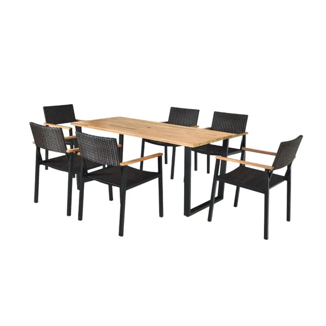 Patented 7 Pieces Outdoor Dining Set with Large Acacia Wood Table Top - Oasis Home Essentials