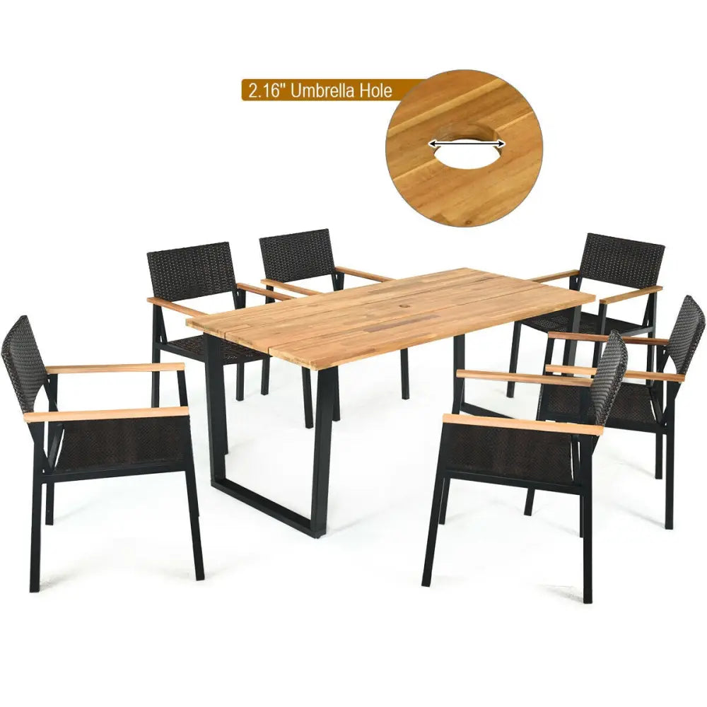 Patented 7 Pieces Outdoor Dining Set with Large Acacia Wood Table Top - Natural - Patio Furniture Sets