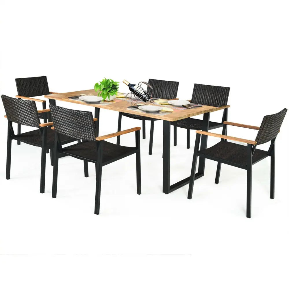 Patented 7 Pieces Outdoor Dining Set with Large Acacia Wood Table Top - Natural - Patio Furniture Sets