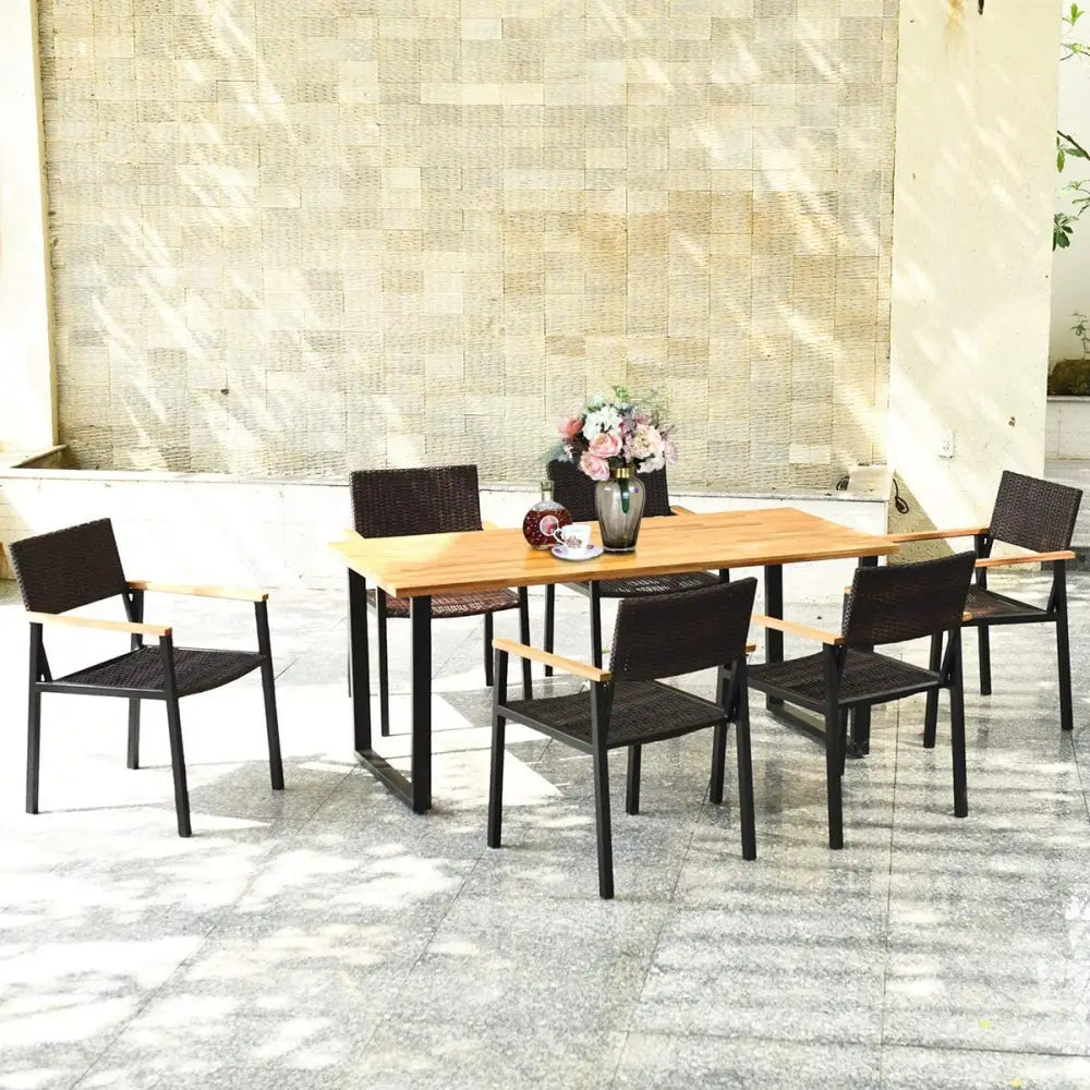 Patented 7 Pieces Outdoor Dining Set with Large Acacia Wood Table Top - Natural - Patio Furniture Sets