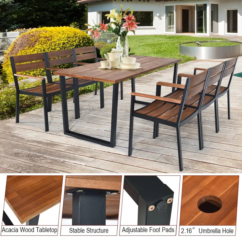 Patented 7 Pieces Patented Outdoor Patio Dining Table Set with Hole - Natural - Patio Dining Sets
