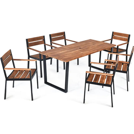 Patented 7 Pieces Patented Outdoor Patio Dining Table Set with Hole - Natural - Patio Dining Sets