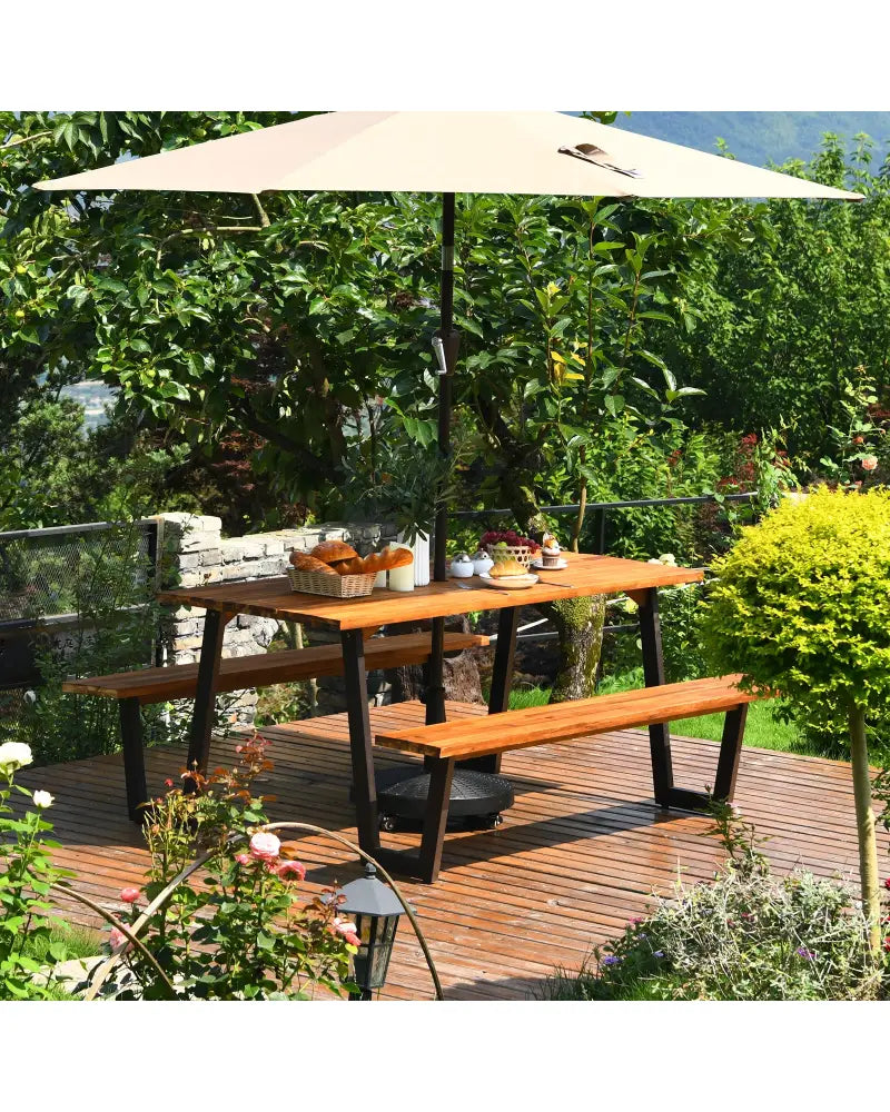 Patented 70 Inch Dining Table Set with Seats and Umbrella Hole - Picnic Tables
