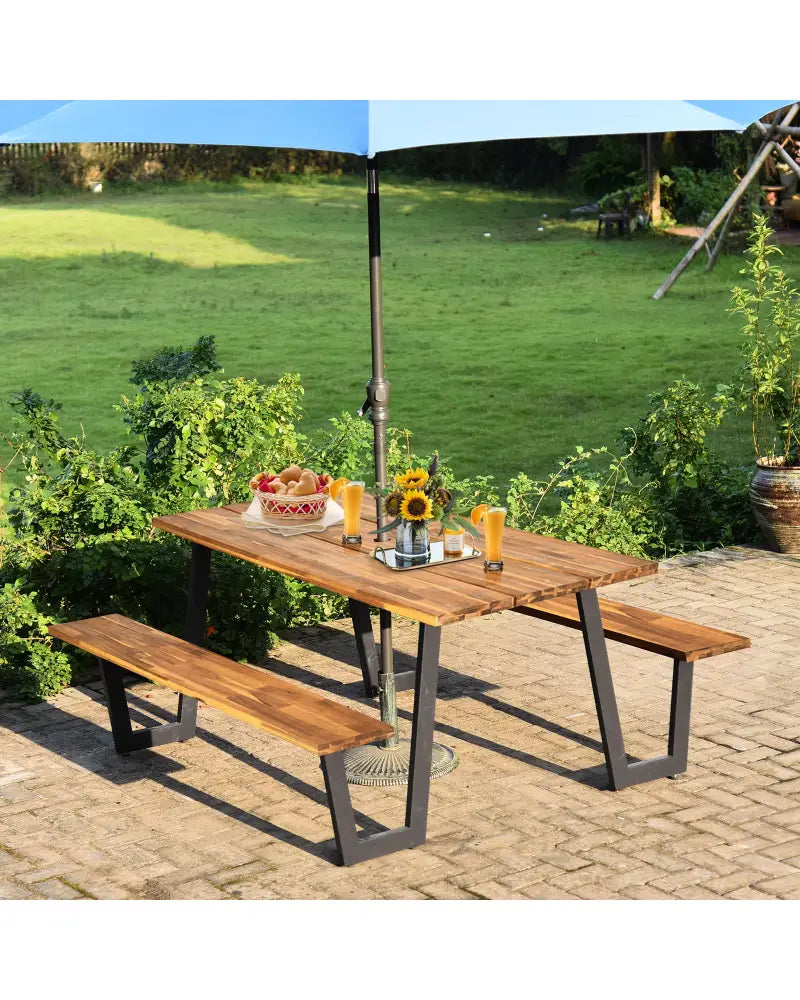 Patented 70 Inch Dining Table Set with Seats and Umbrella Hole - Picnic Tables