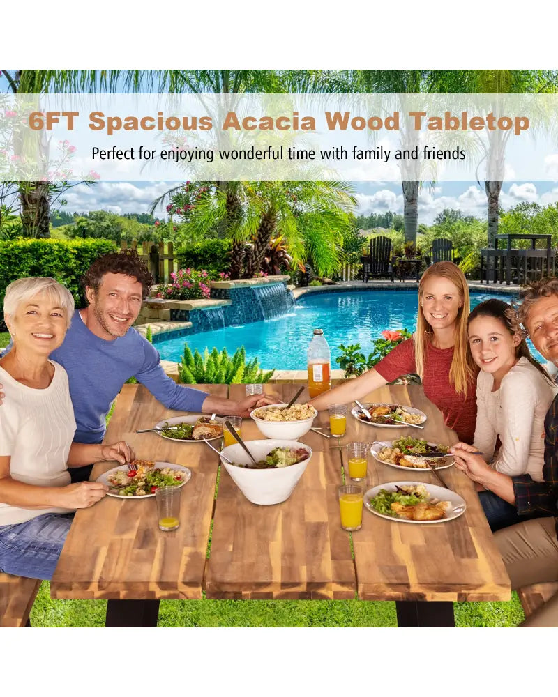 Patented 70 Inch Dining Table Set with Seats and Umbrella Hole - Picnic Tables