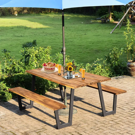 Patented 70 Inch Dining Table Set with Seats and Umbrella Hole - Picnic Tables