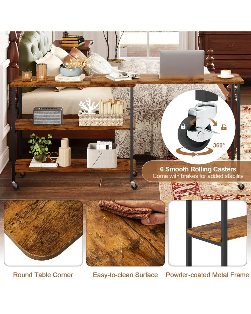 Patented Large 360-Degree Free Rotating Sofa Side Table with Wheels and Storage Shelf-Brown - Brown - End & Side Tables