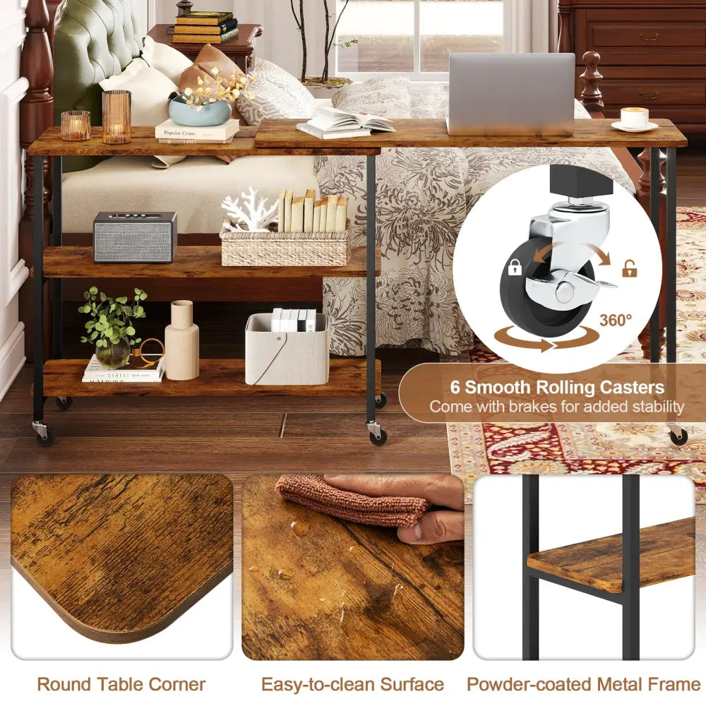 Patented Large 360-Degree Free Rotating Sofa Side Table with Wheels and Storage Shelf-Brown - Brown - End & Side Tables