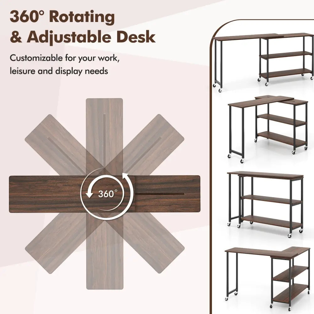 Patented Large 360-Degree Free Rotating Sofa Side Table with Wheels and Storage Shelf-Walnut - Walnut - End & Side