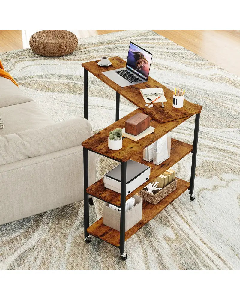 Patented Large 360-Degree Free Rotating Sofa Side Table with Wheels and Storage Shelf-Brown - Brown - End & Side Tables
