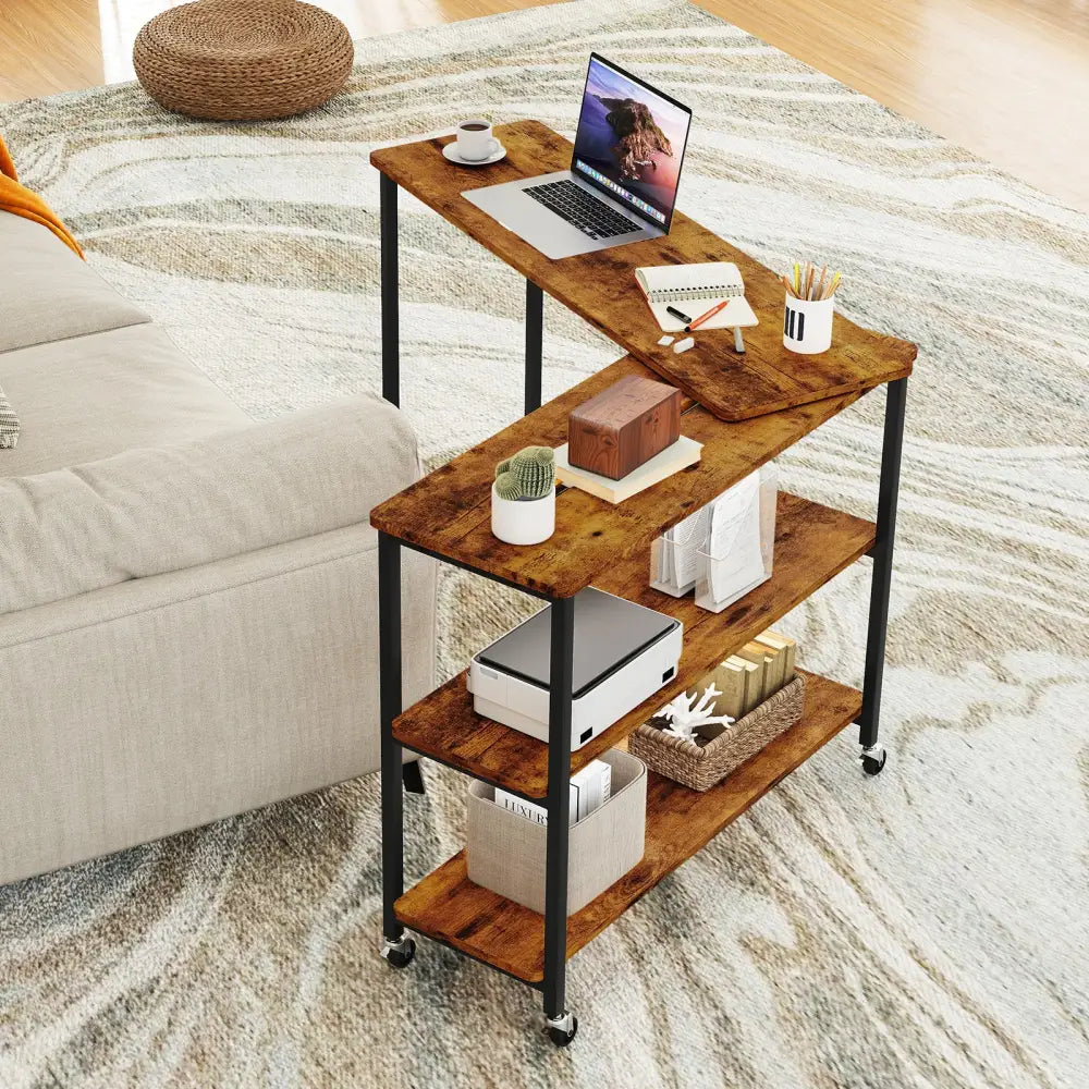 Patented Large 360-Degree Free Rotating Sofa Side Table with Wheels and Storage Shelf-Brown - Brown - End & Side Tables