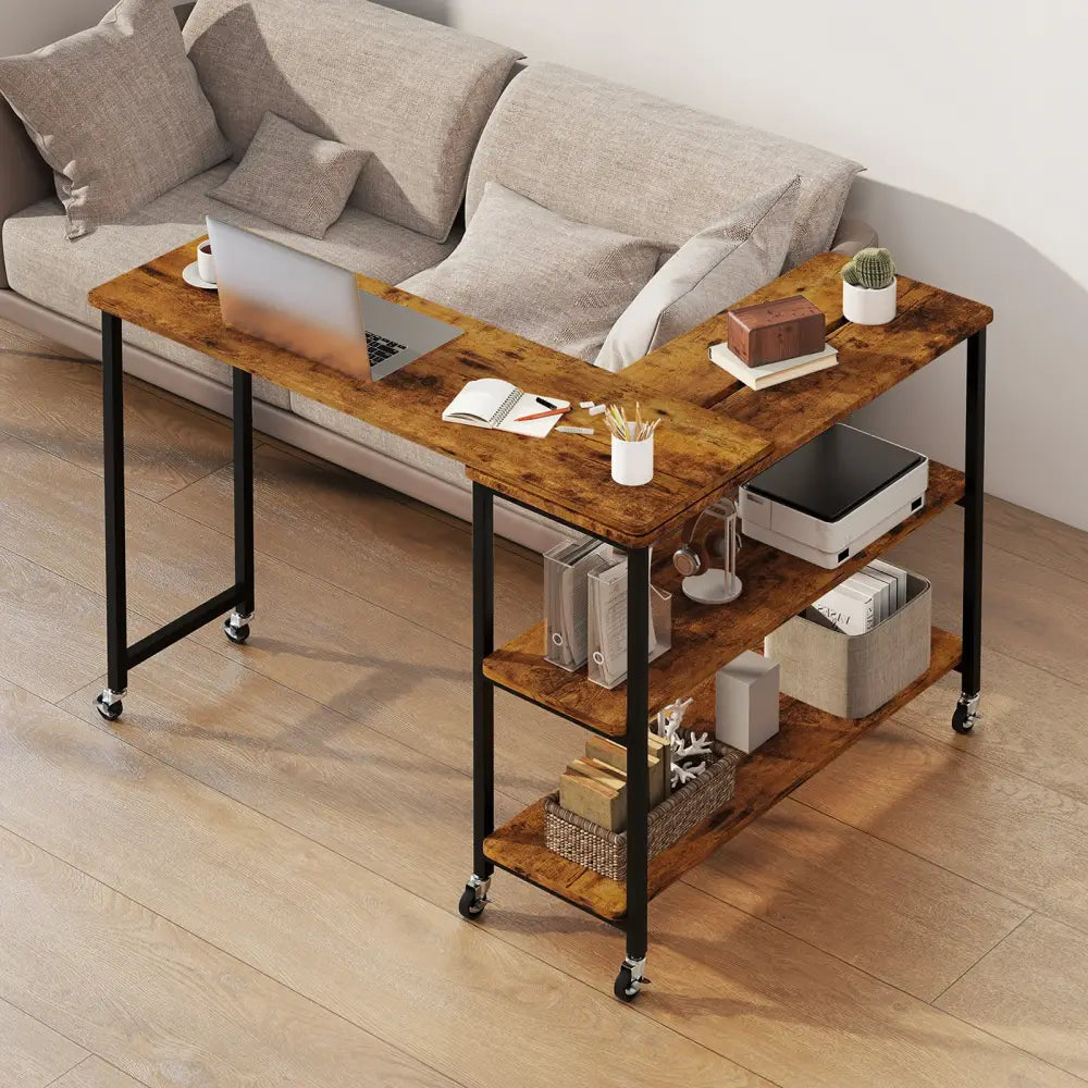 Patented Large 360-Degree Free Rotating Sofa Side Table with Wheels and Storage Shelf-Brown - Brown - End & Side Tables