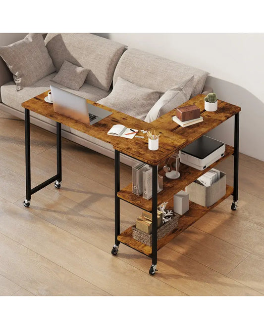 Patented Large 360-Degree Free Rotating Sofa Side Table with Wheels and Storage Shelf-Brown - Brown - End & Side Tables