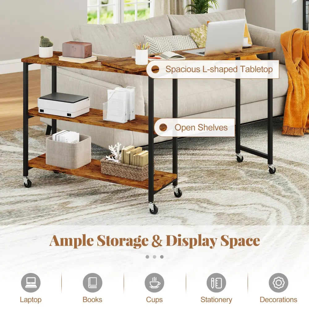 Patented Large 360-Degree Free Rotating Sofa Side Table with Wheels and Storage Shelf-Brown - Brown - End & Side Tables