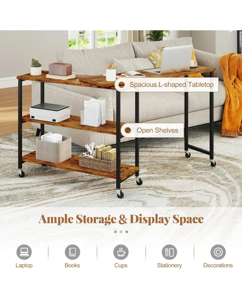 Patented Large 360-Degree Free Rotating Sofa Side Table with Wheels and Storage Shelf-Brown - Brown - End & Side Tables