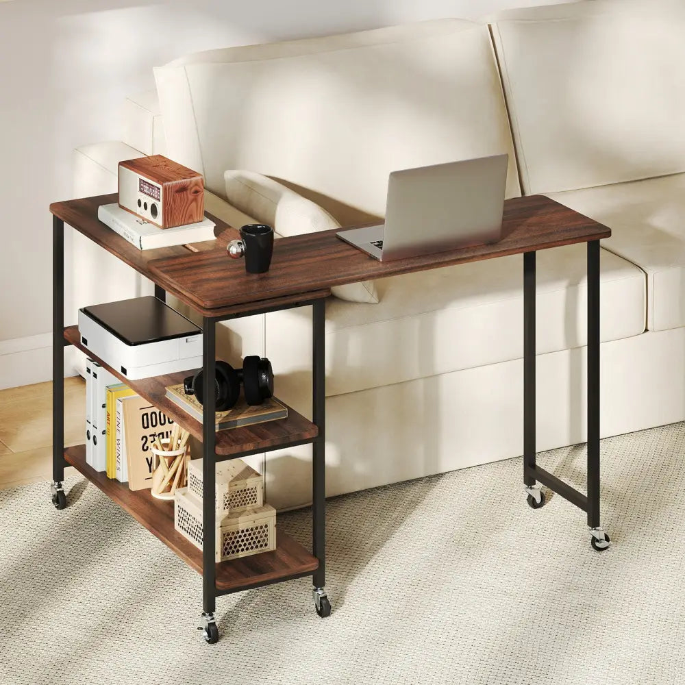 Patented Large 360-Degree Free Rotating Sofa Side Table with Wheels and Storage Shelf-Walnut - Walnut - End & Side