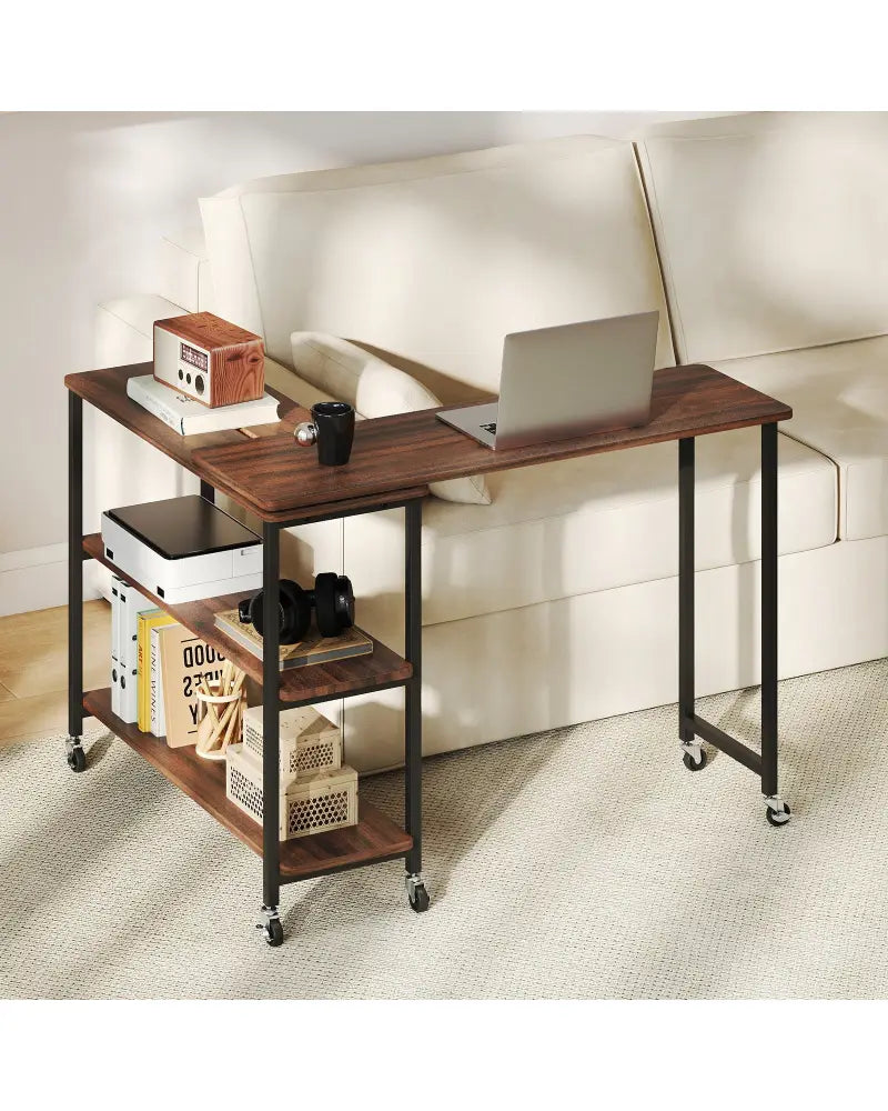 Patented Large 360-Degree Free Rotating Sofa Side Table with Wheels and Storage Shelf-Walnut - Walnut - End & Side