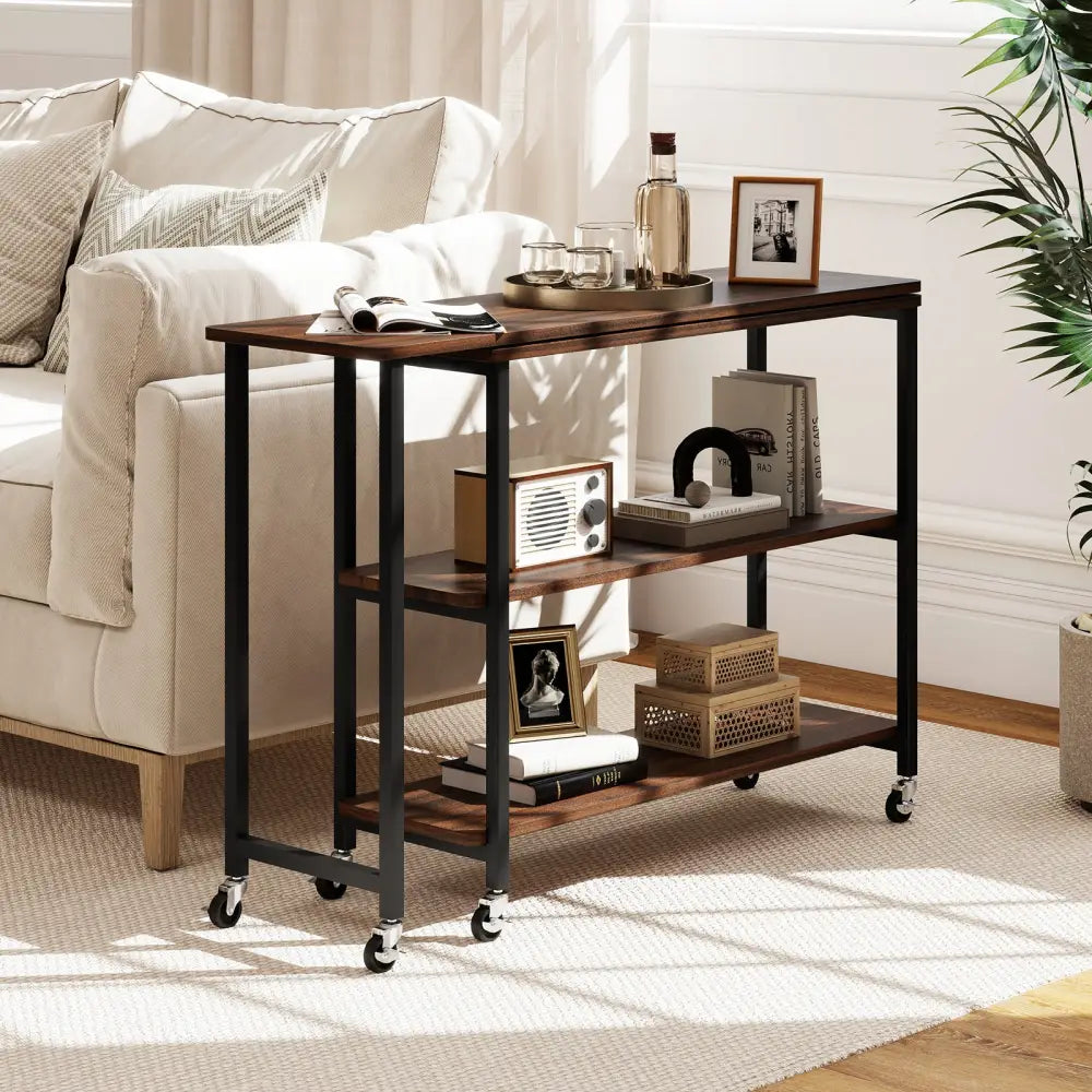 Patented Large 360-Degree Free Rotating Sofa Side Table with Wheels and Storage Shelf-Walnut - Walnut - End & Side
