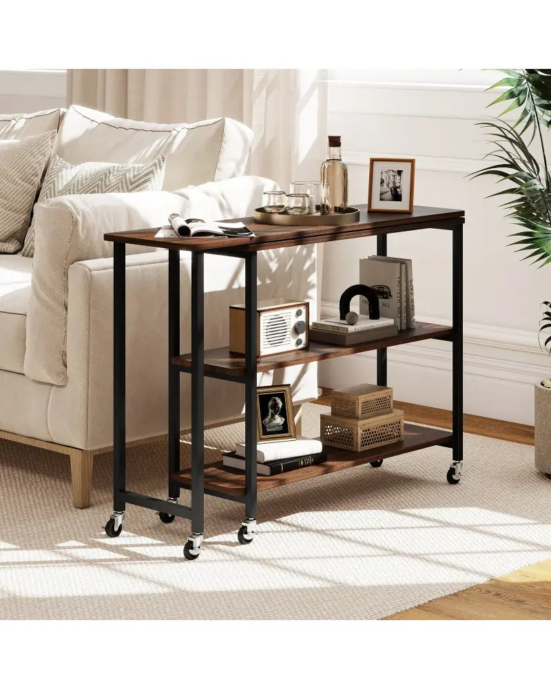 Patented Large 360-Degree Free Rotating Sofa Side Table with Wheels and Storage Shelf-Walnut - Walnut - End & Side