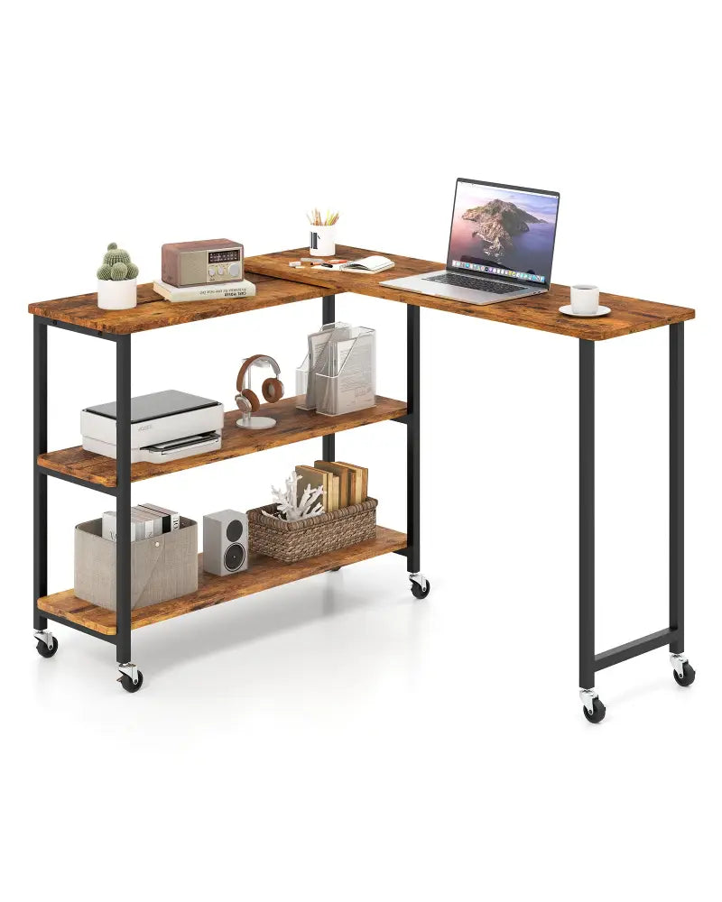 Patented Large 360-Degree Free Rotating Sofa Side Table with Wheels and Storage Shelf-Brown - Brown - End & Side Tables