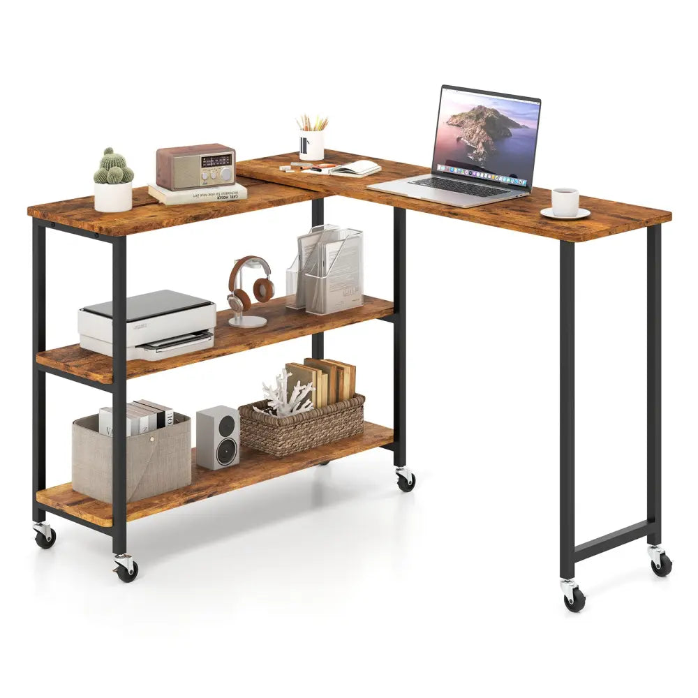 Patented Large 360-Degree Free Rotating Sofa Side Table with Wheels and Storage Shelf-Brown - Brown - End & Side Tables