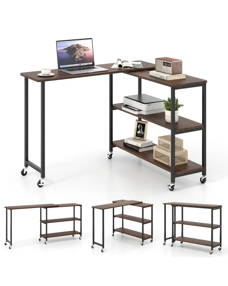 Patented Large 360-Degree Free Rotating Sofa Side Table with Wheels and Storage Shelf-Walnut - Walnut - End & Side
